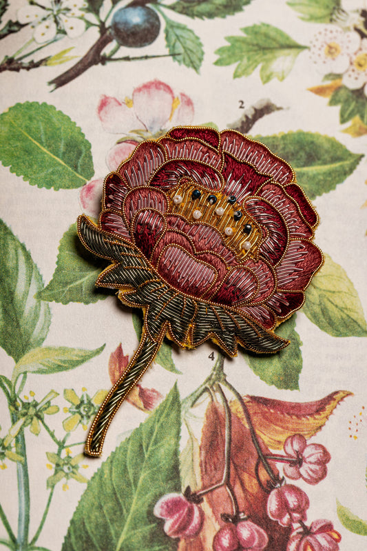 May Morris Inspired Hand Embroidered Peony Brooch by Hand & Lock