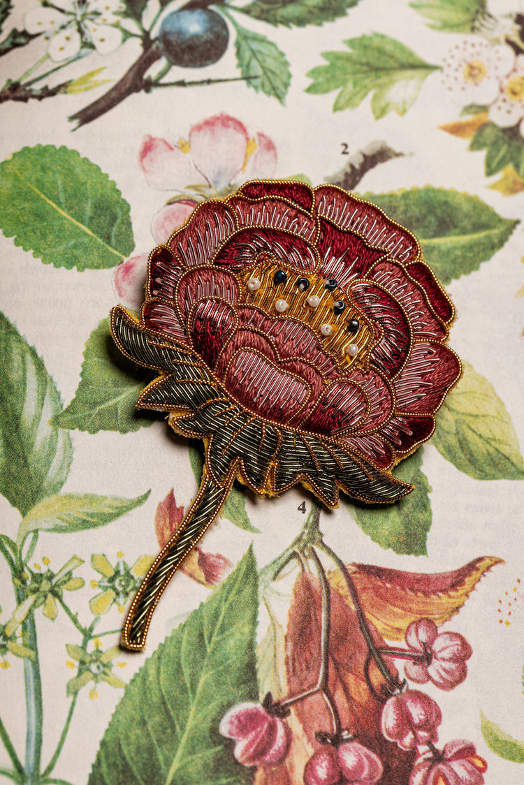 May Morris Inspired Hand Embroidered Peony Brooch by Hand & Lock