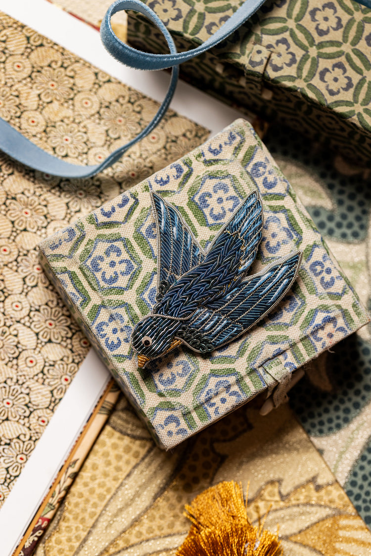 May Morris Inspired Hand Embroidered Blue Bird Brooch by Hand & Lock