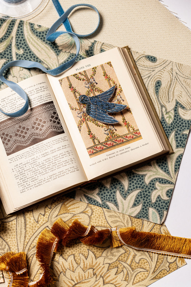 May Morris Inspired Hand Embroidered Blue Bird Brooch by Hand & Lock