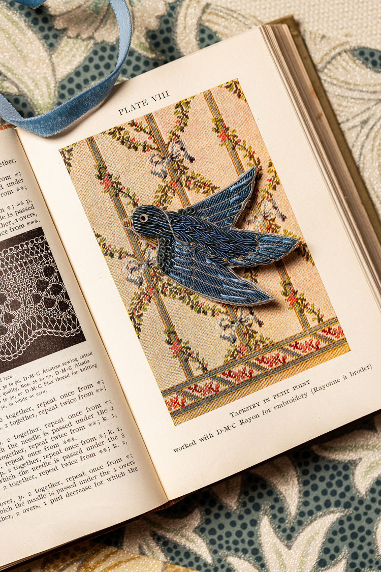 May Morris Inspired Hand Embroidered Blue Bird Brooch by Hand & Lock