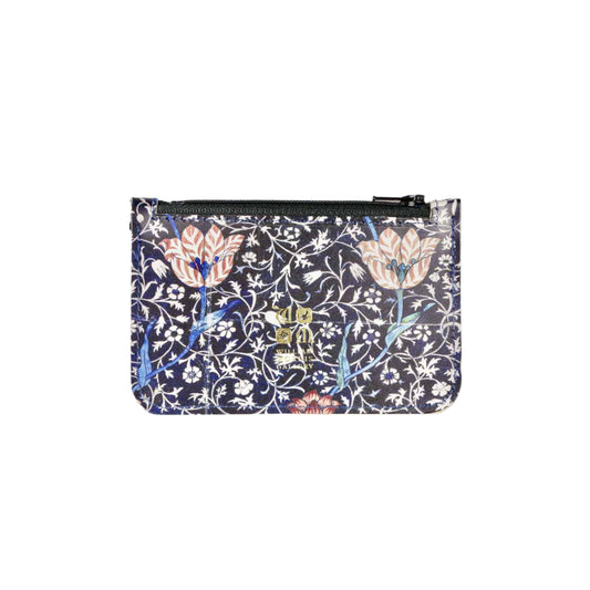 Floral patterned pouch with a zipper on a gray background