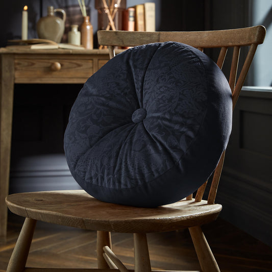 Prussian Blue Strawberry Thief Embossed 38cm William Morris At Home Circular Cushion