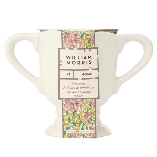 Decorative vase with floral design and 'William Morris at Home' branding on a white background