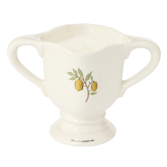 White ceramic sugar bowl with lemon design on a white background