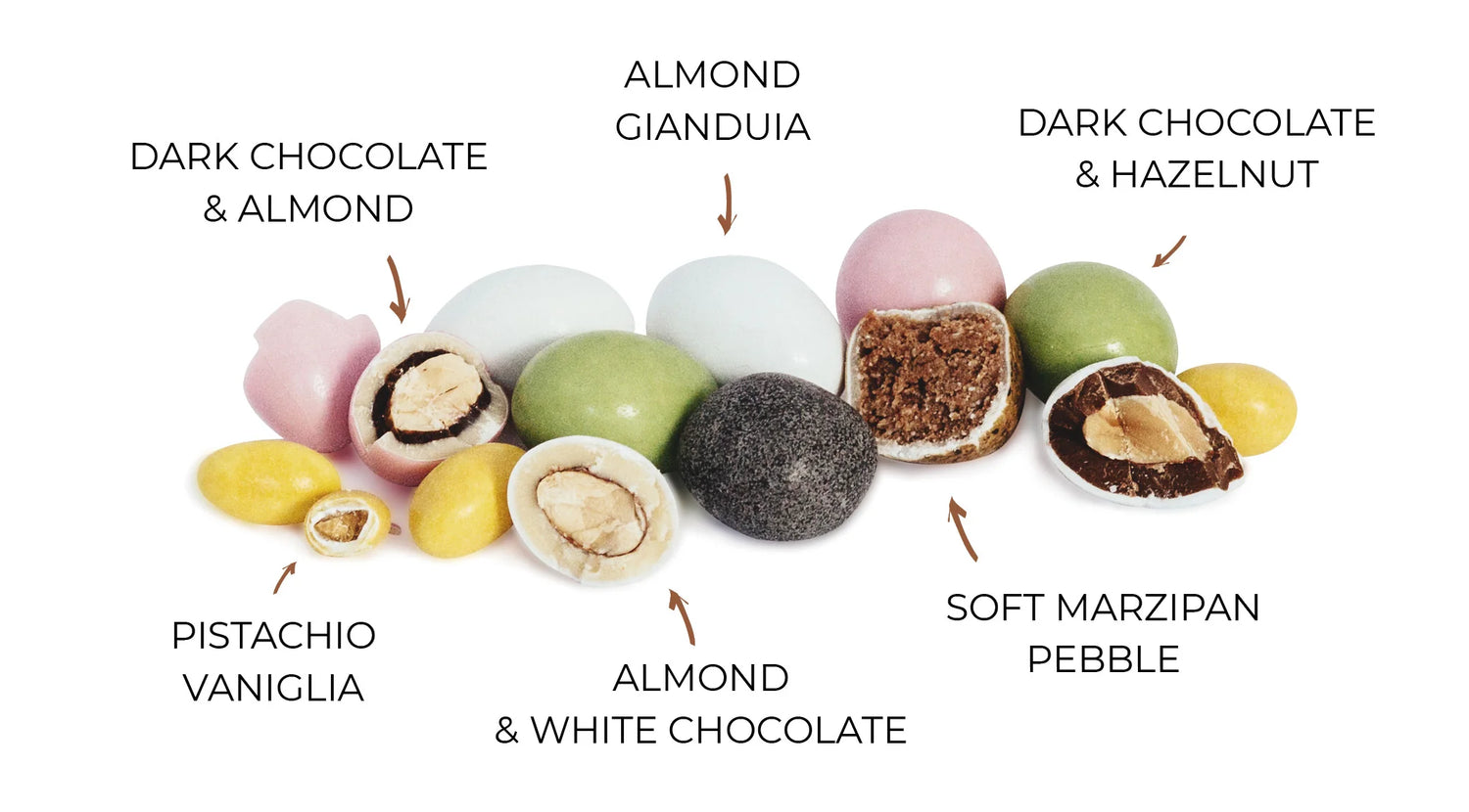 Assorted chocolate truffles with labels on a white background