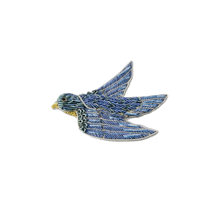 May Morris Inspired Hand Embroidered Blue Bird Brooch by Hand & Lock