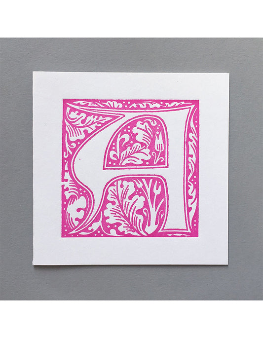 William Morris Letterpress - 'A' Greetings Card (pink)