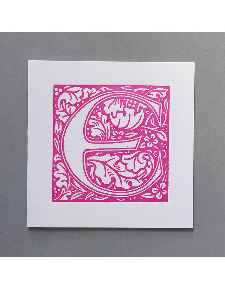William Morris Letterpress - 'E' Greetings Card (pink)