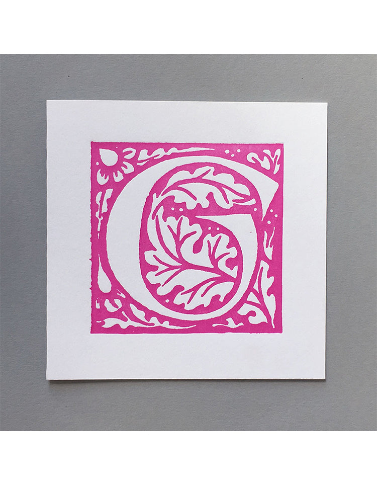 William Morris Letterpress - 'G' Greetings Card (pink)