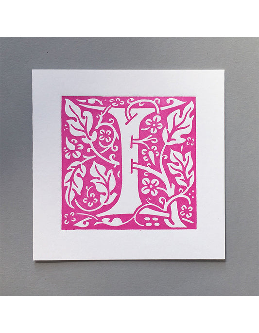 William Morris Letterpress - 'I' Greetings Card (pink)