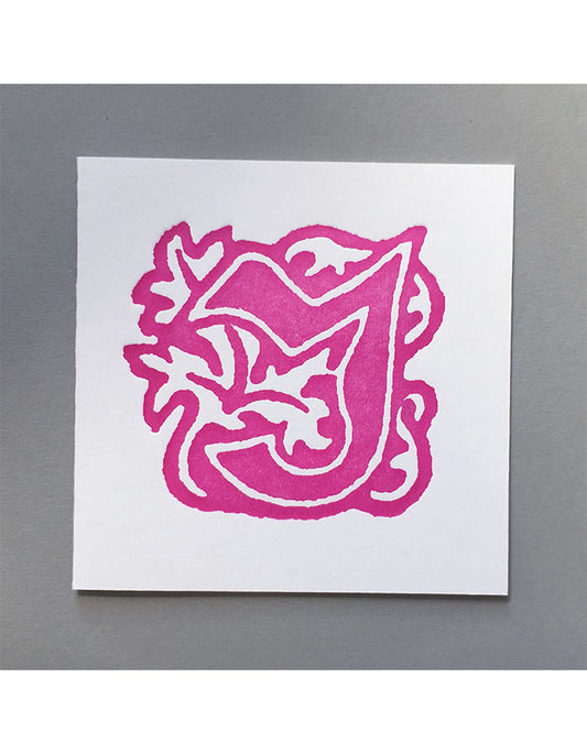 William Morris Letterpress - 'J' Greetings Card (pink)