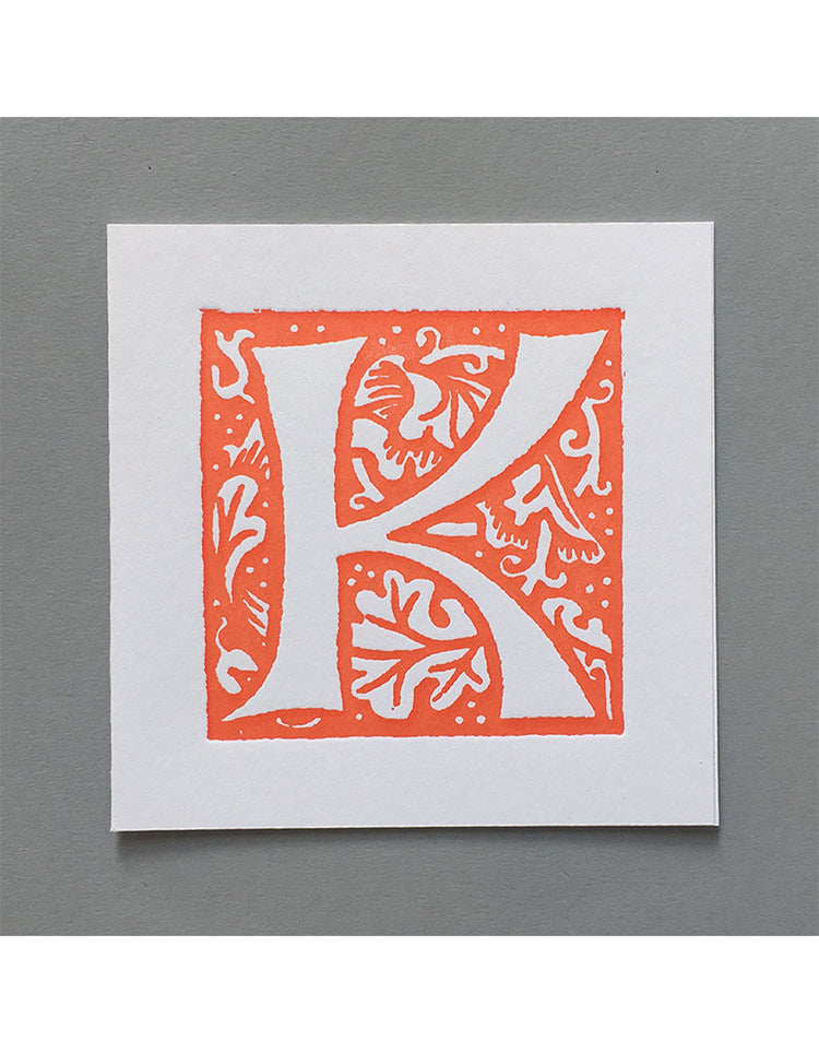 William Morris Letterpress - 'K' Greetings Card (orange)