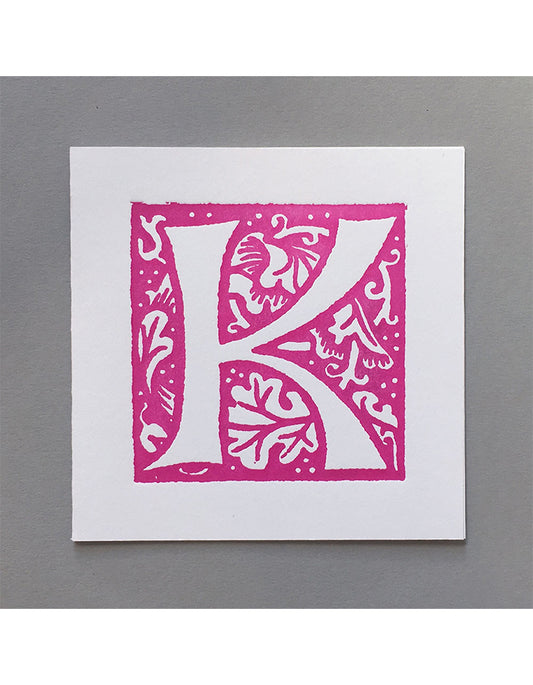 William Morris Letterpress - 'K' Greetings Card (pink)