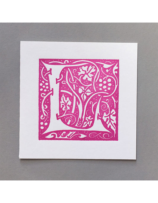 William Morris Letterpress - 'L' Greetings Card (pink)