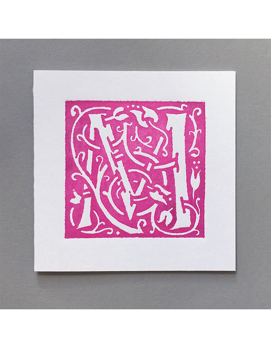 William Morris Letterpress - 'M' Greetings Card (pink)