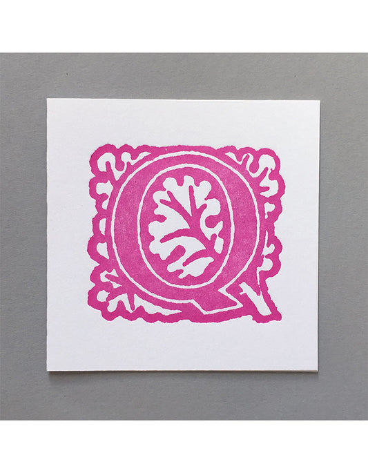 William Morris Letterpress - 'Q' Greetings Card (pink)