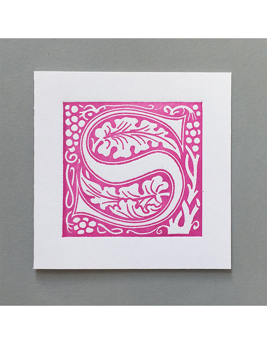 William Morris Letterpress - 'S' Greetings Card (pink)