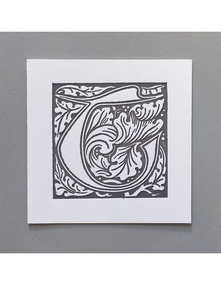 William Morris Letterpress - 'T' Greetings Card (grey)