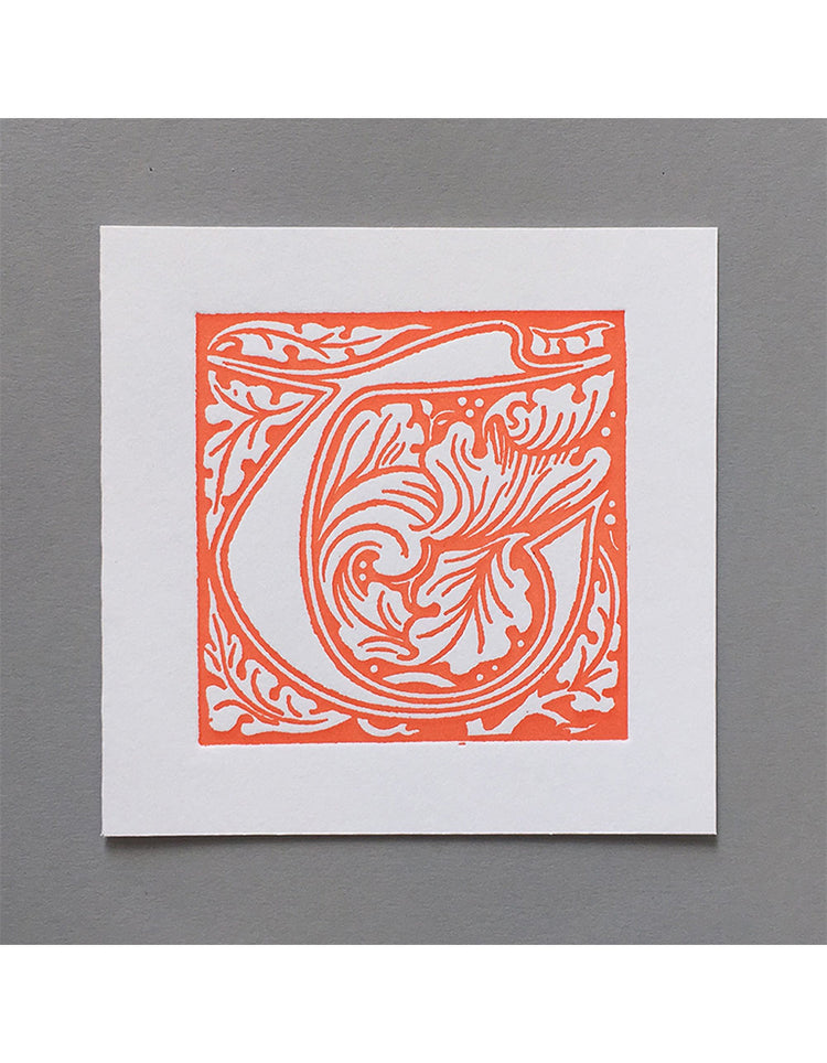 William Morris Letterpress - 'T' Greetings Card (orange)