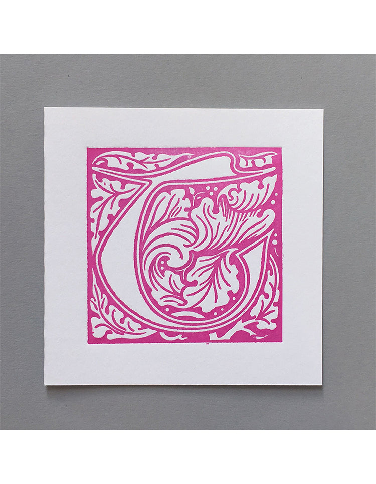 William Morris Letterpress - 'T' Greetings Card (pink)