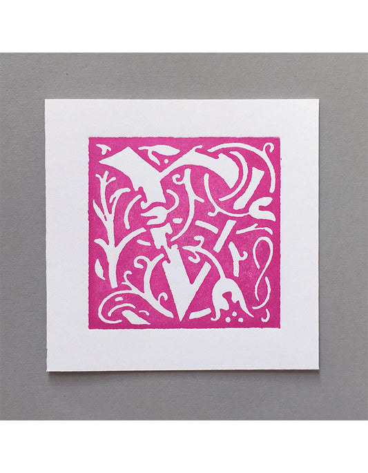 William Morris Letterpress - 'V' Greetings Card (pink)