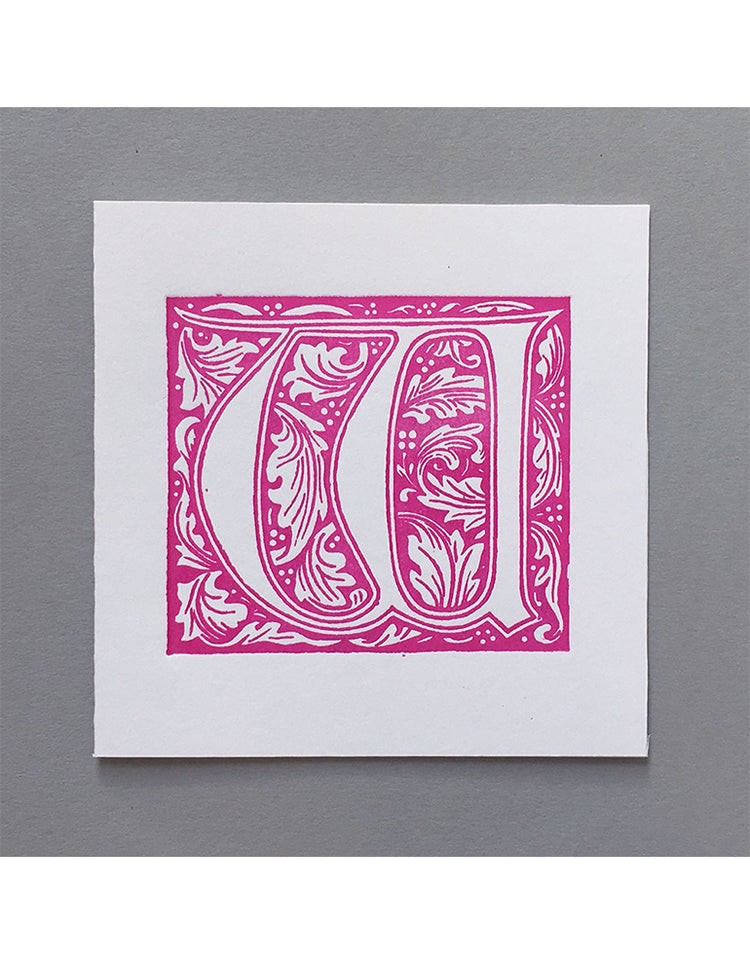 William Morris Letterpress - 'W' Greetings Card (pink)